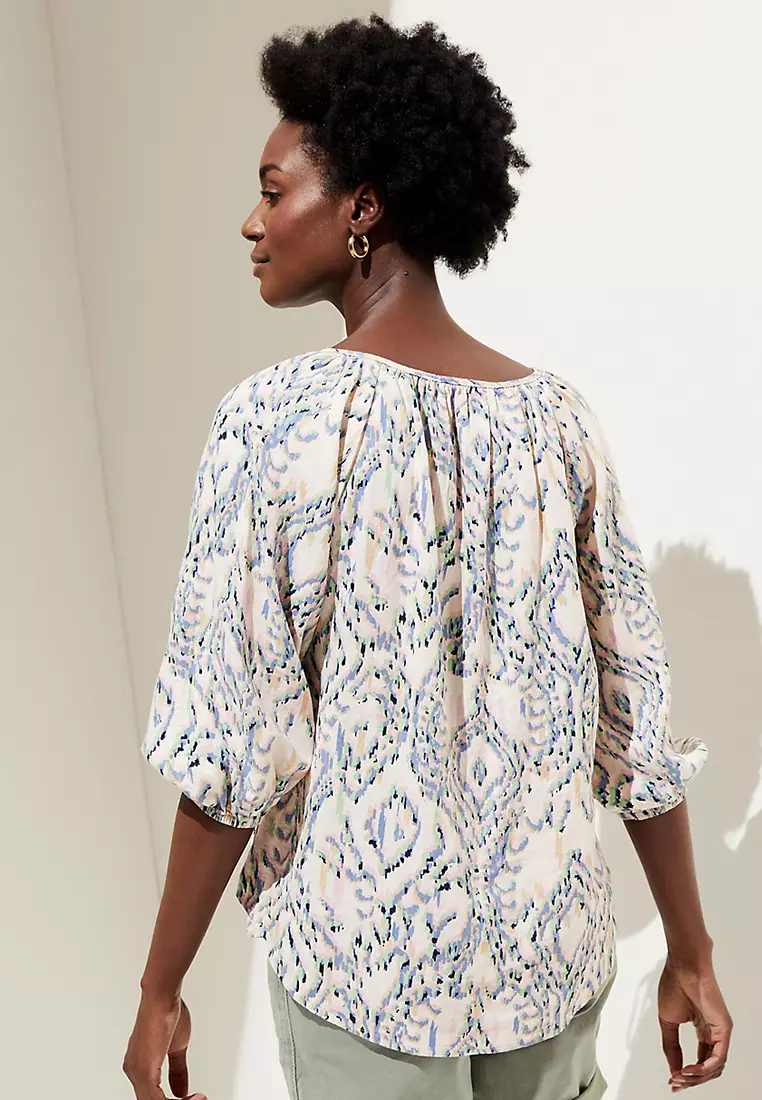 Linen Rich Printed Tie Neck Blouse