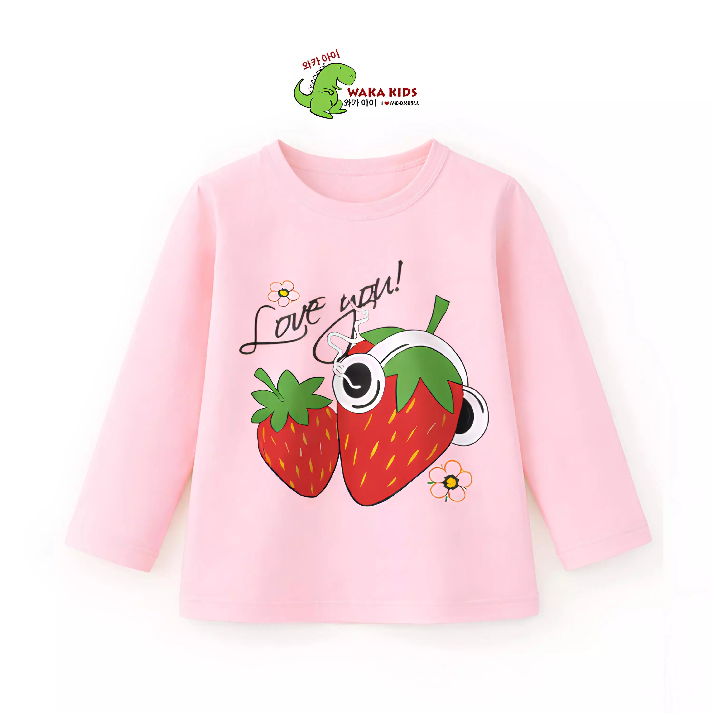Wakakids Piyama Anak Cotton Setelan Baju Tidur Lengan Panjang Pajama Set Sleepwear Motif Love Strawberry Bahan Adem dan Lembut Venrz 4502