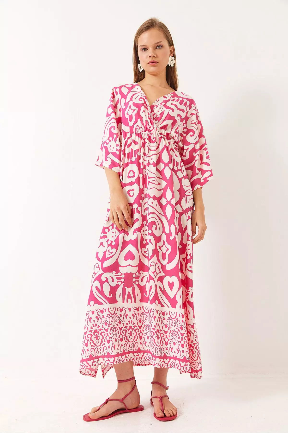 Women's Double Breasted Collar Patterned Slit Detail Woven Viscose Dress 60284018