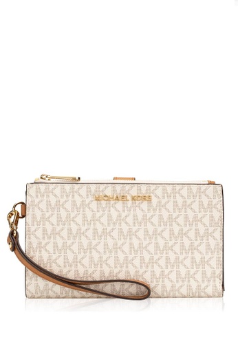 MICHAEL KORS brown Michael Kors Jet Set Travel Large Double Zip Wristlet In Signature - Vanila 7304DACD10759AGS_1
