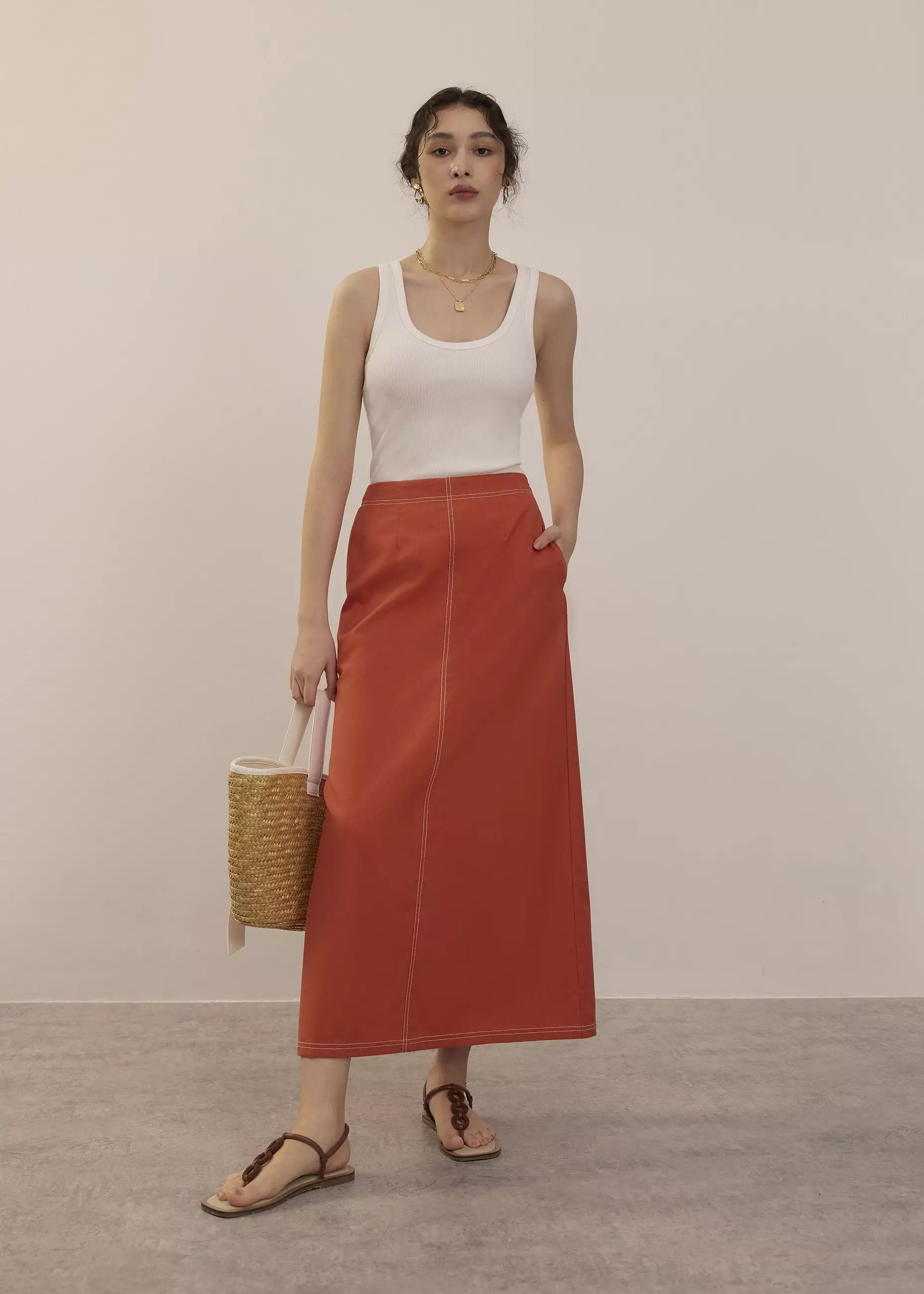 Rok Wanita - Elastic High Waist A-line Maxi Skirt