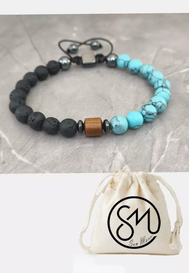 Aksesoris Gelang Pria Macrame Wooden Stump Center Turqouise & Lava Stones Bracelet Black & Turqouise