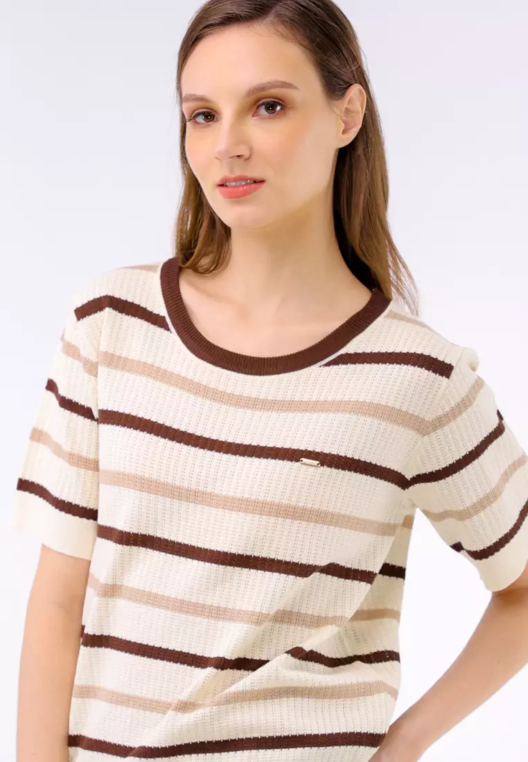 Knitted Stripes Short Sleeve Blouse