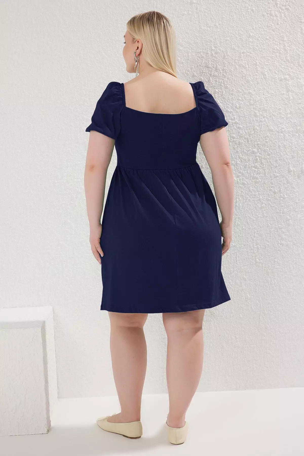 Navy Blue Balloon Sleeve Skater Collar Piping Mini Knitted Plus Size Dress Tbbss25Ah00194