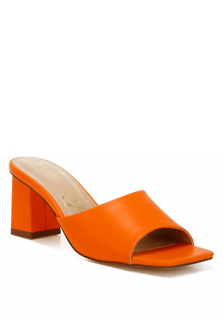 Faux Leather Block Heel Sandals in Orange