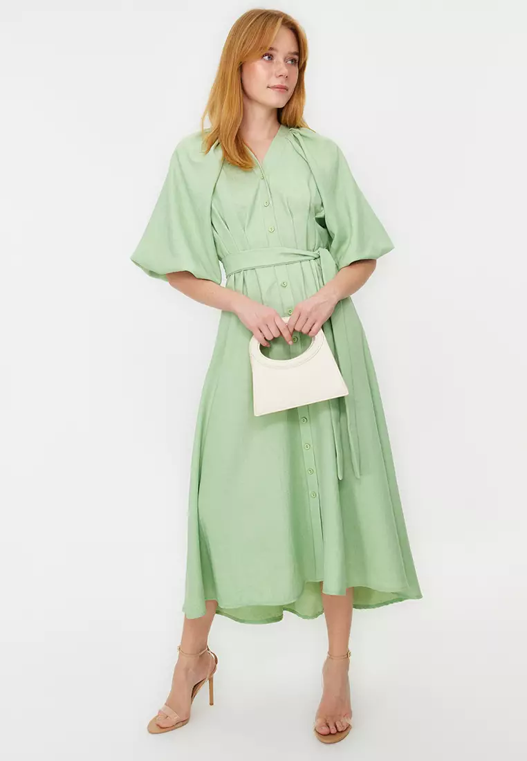 Belted Half Balloon Sleeve Linen Shirt Dress