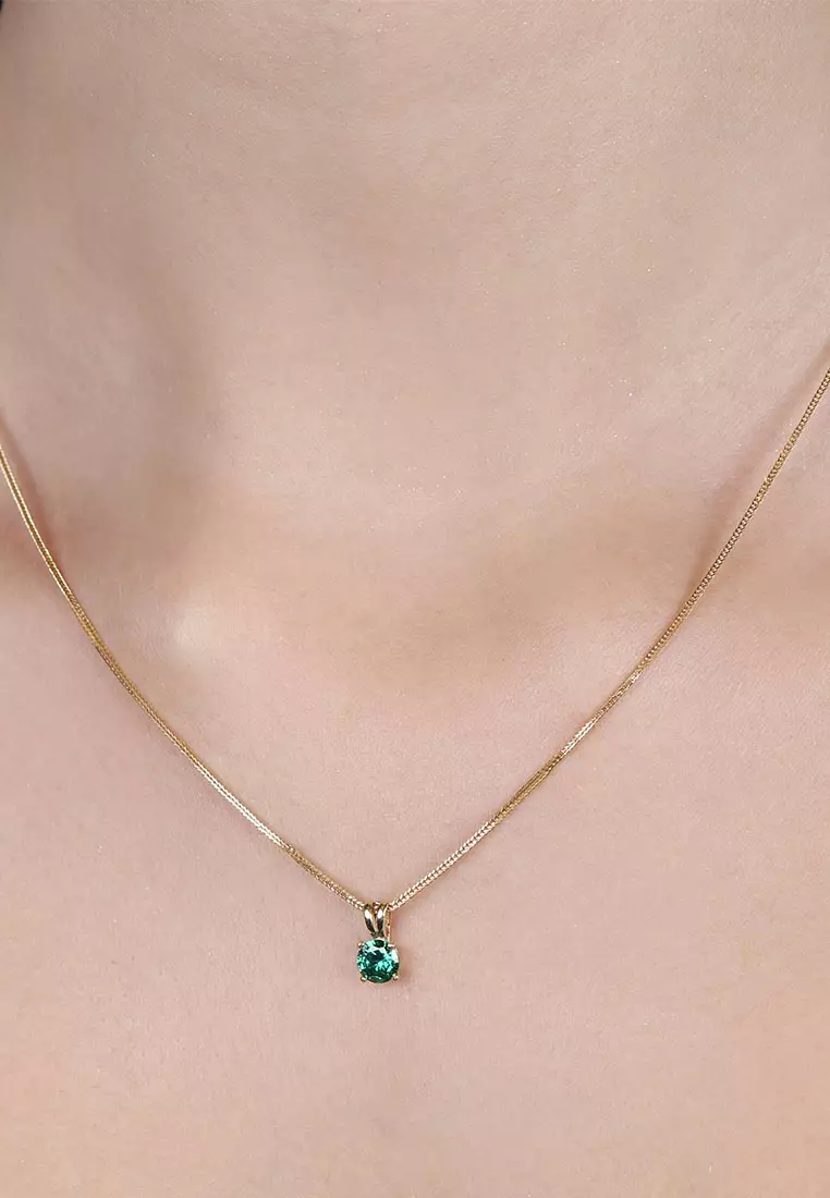 Birthstone Round Pendant- (May) Emerald Colored Cubic Zirconia 18k Gold