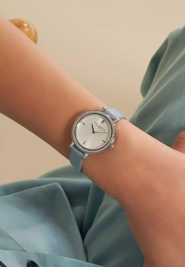 Olivia Burton 30mm Vintage Bead Silver White & Chalk Blue Leather Strap Watch - 24000163