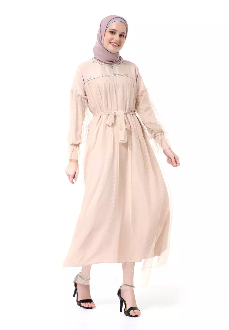 Varsha Dress Wanita Long Sleeve Motif Polos Polkadot High Quality - Almond Mote