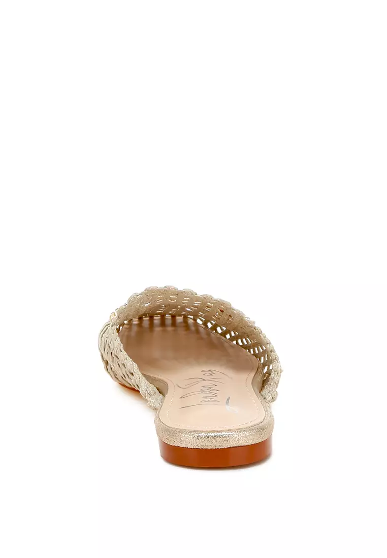Metallic Woven Diamante Mules in Beige