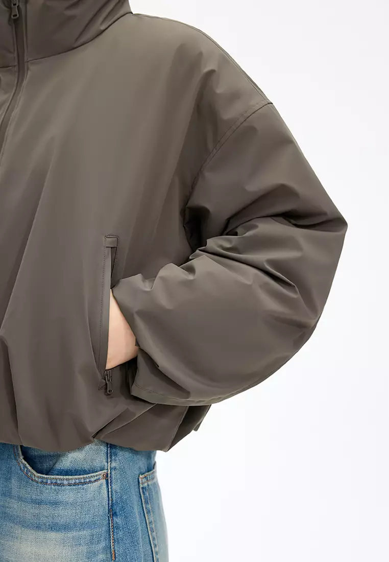 混紡90白鴨絨波浪形切線抽繩O型寬鬆短款羽絨服