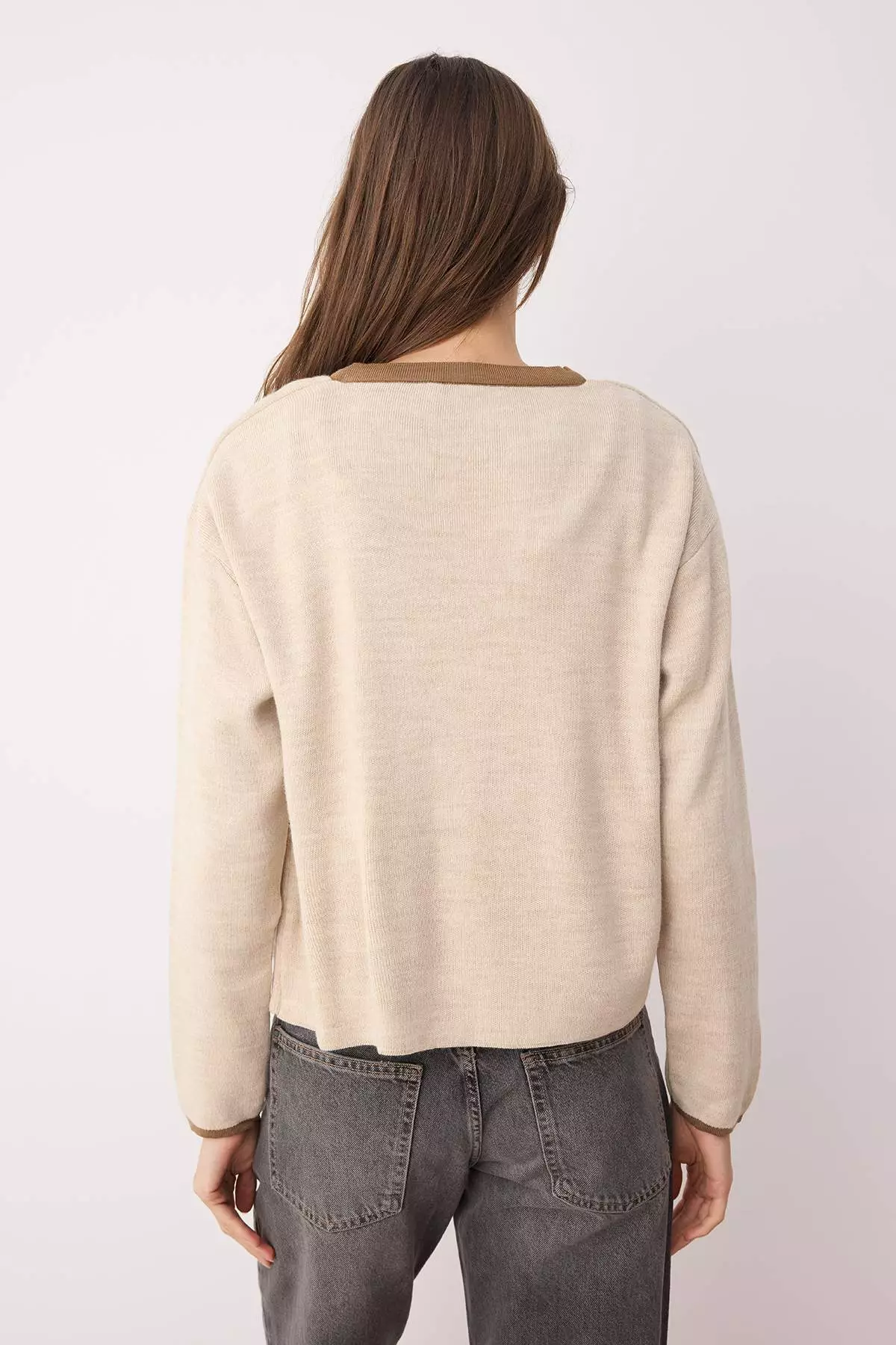 Beige Block Knitwear 2 Piece Blouse Cardigan Set