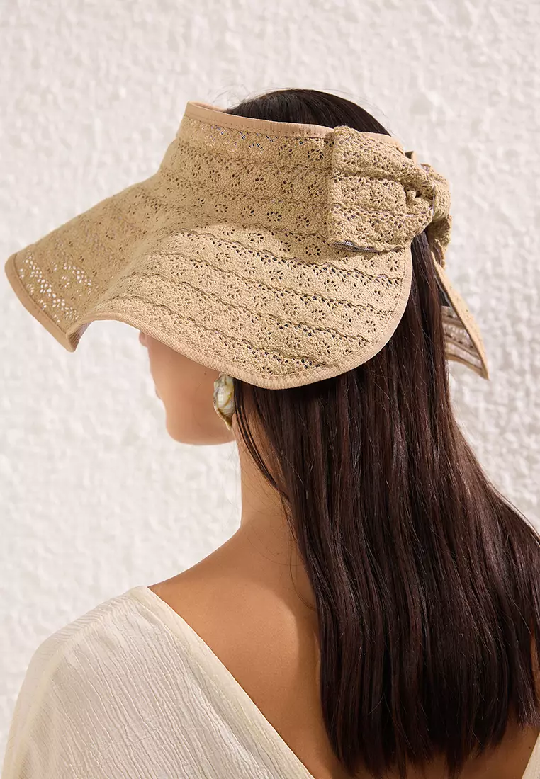 Beige Ribbon Detailed Straw Women's Beach Hat TBESS25SP00002