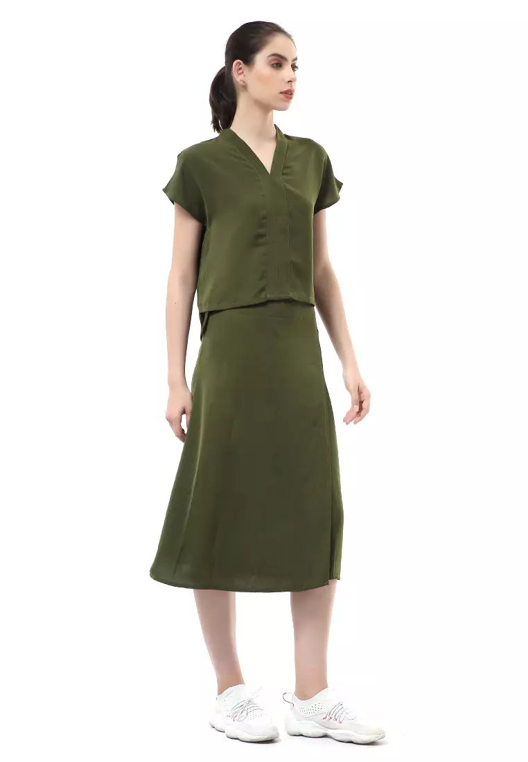 Nayra Setelan Baju & Rok Wanita One Set Adjustable Short Sleeve Material Dolce ORIGINAL - Army