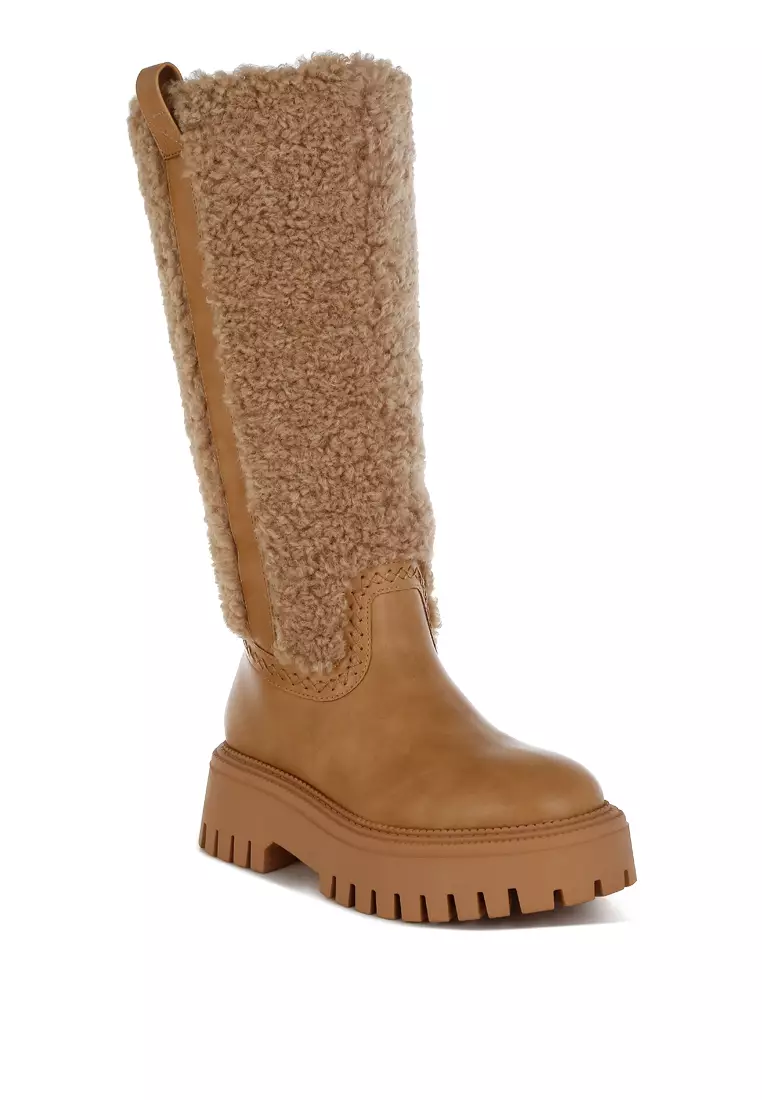 Fur Detail Calf Length Boots in Beige