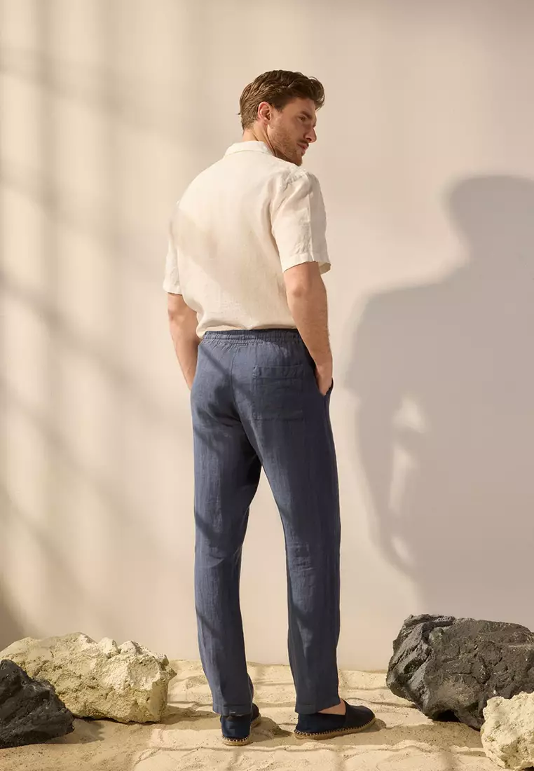 Navy Blue Limited Edition 100% Linen Regular Fit Trousers TMNSS24PL00018