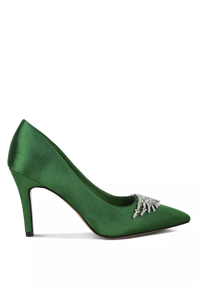 Discount on Rag & CO.  shoes - SKU: Diamante Brooch Detail Satin Pumps In Green