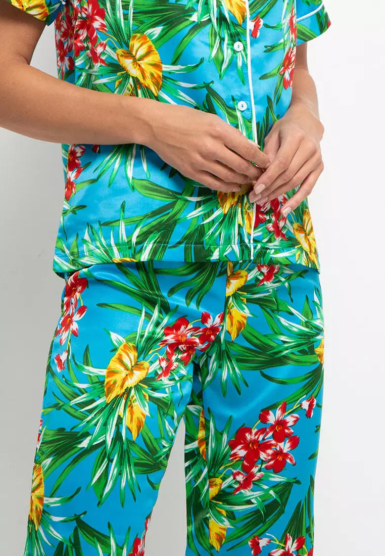 Pyjama Pijama Satin Silk Short Sleeve Long Pants Sleepwear