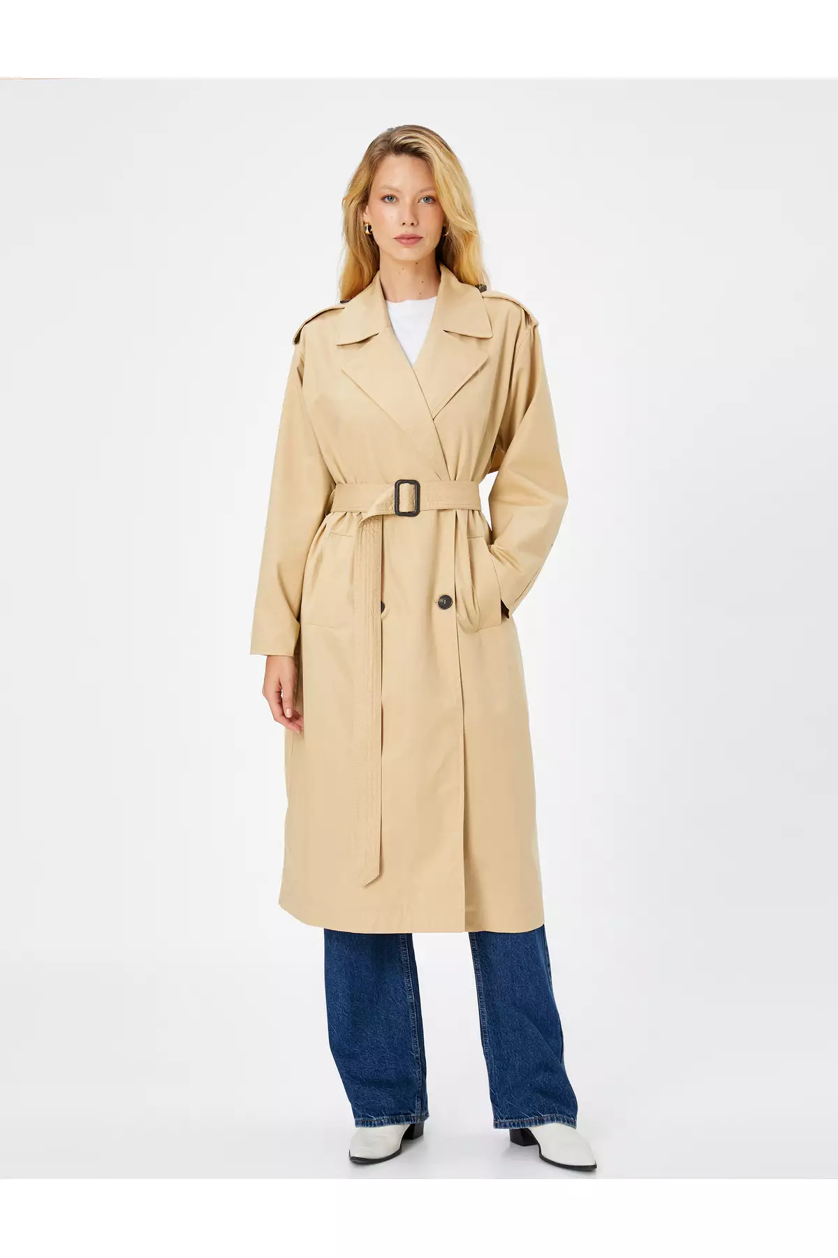 Buy KOTON Trench Coat Midi Length Belted Pocket Detailed Buttoned