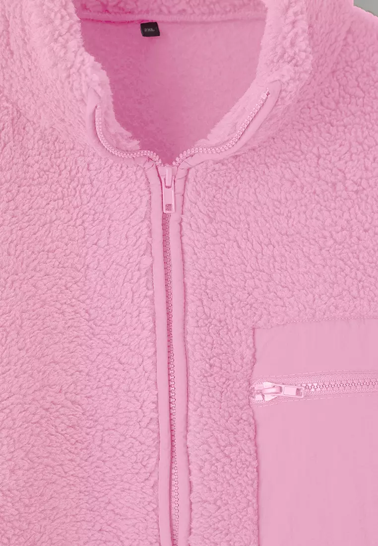 Winter Essentials Pink Thick Fleece Zippered Mock Neck Pocket Knitted Sweatshirt Tbbaw26Ao00022
