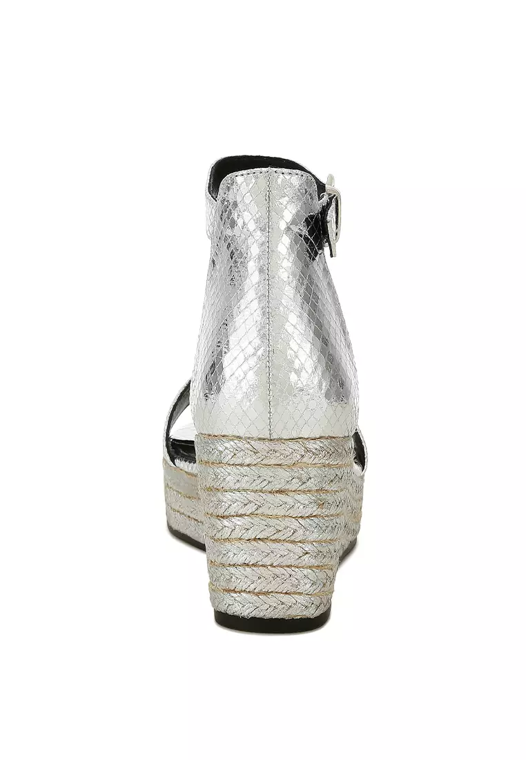 Espadrilles Wedge Ular Kulit Imitasi Perak