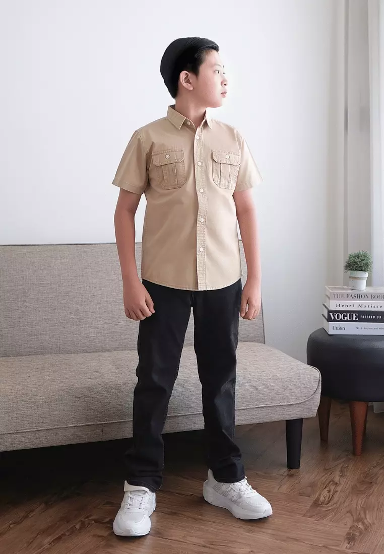 POLICE Kemeja Polos Cotton Kantong Dua Anak Laki Laki