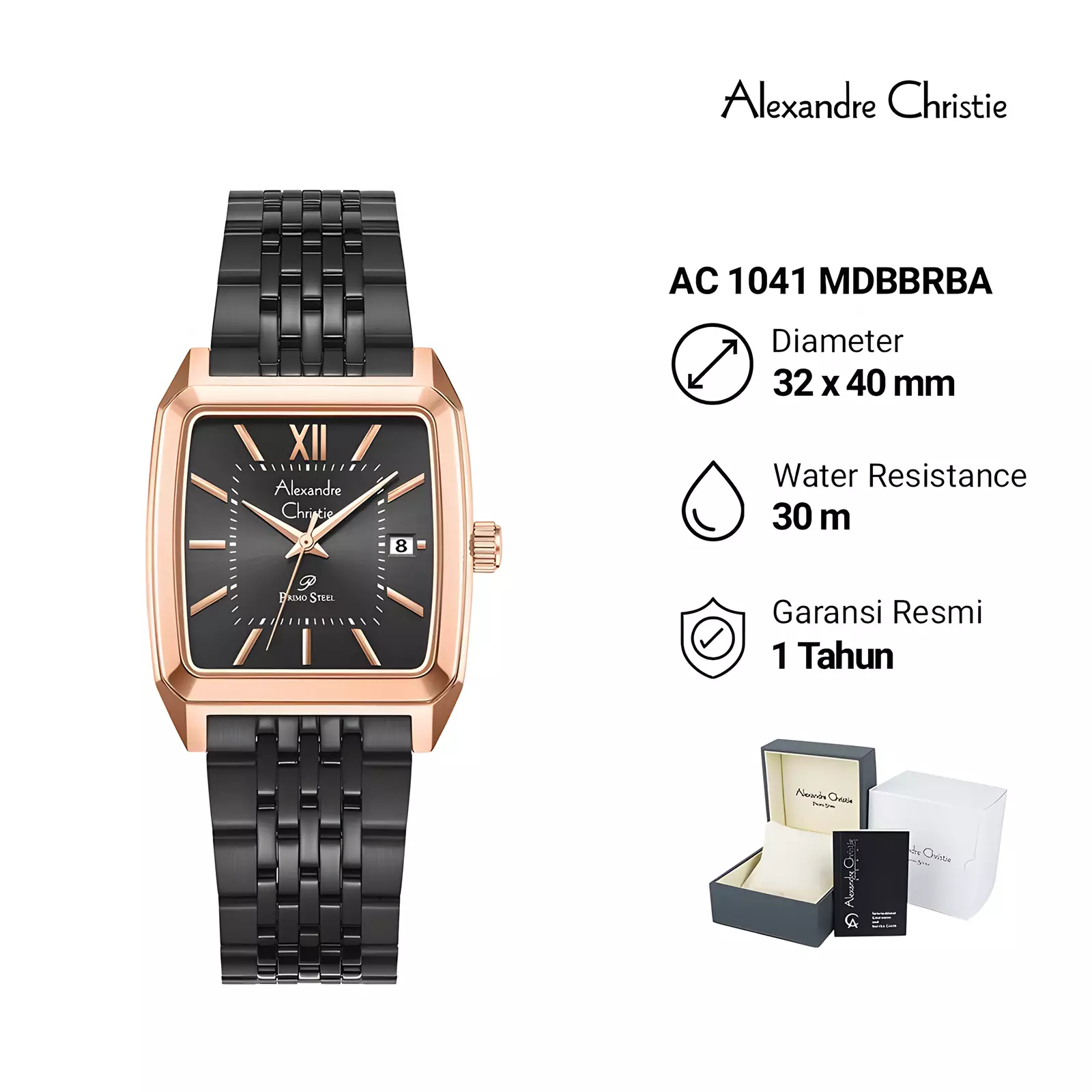 Alexandre Christie Primo Steel - Jam Tangan Couple Pria Wanita - Rose Gold Black - Stainless Steel - 1041 MLDBBRBA