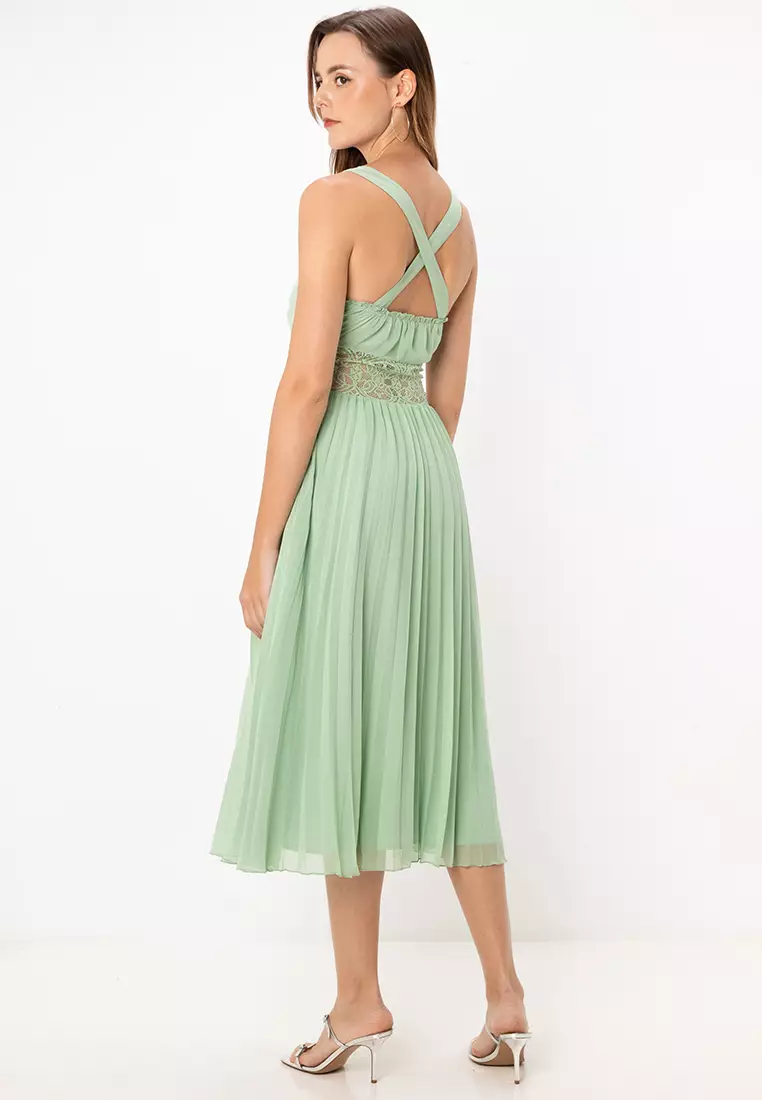 Petite Lace Insert Pleated Midi Dress