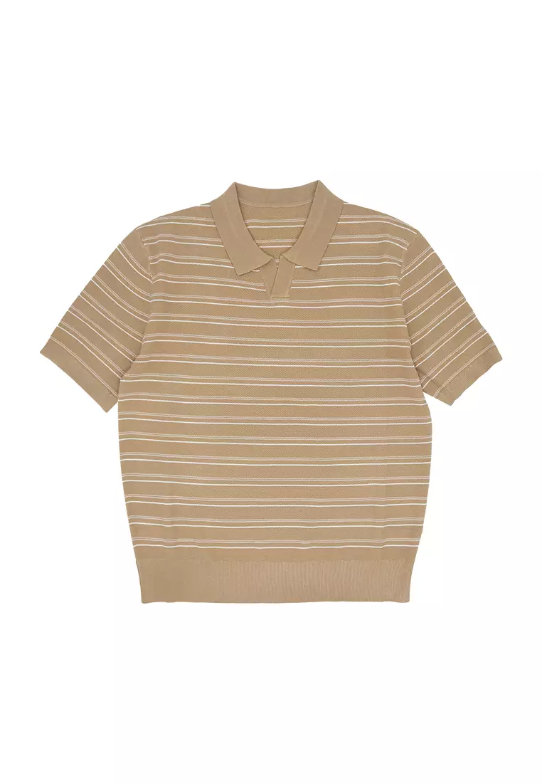 Men's Stripes Knit Poloshirt - Caramel/White