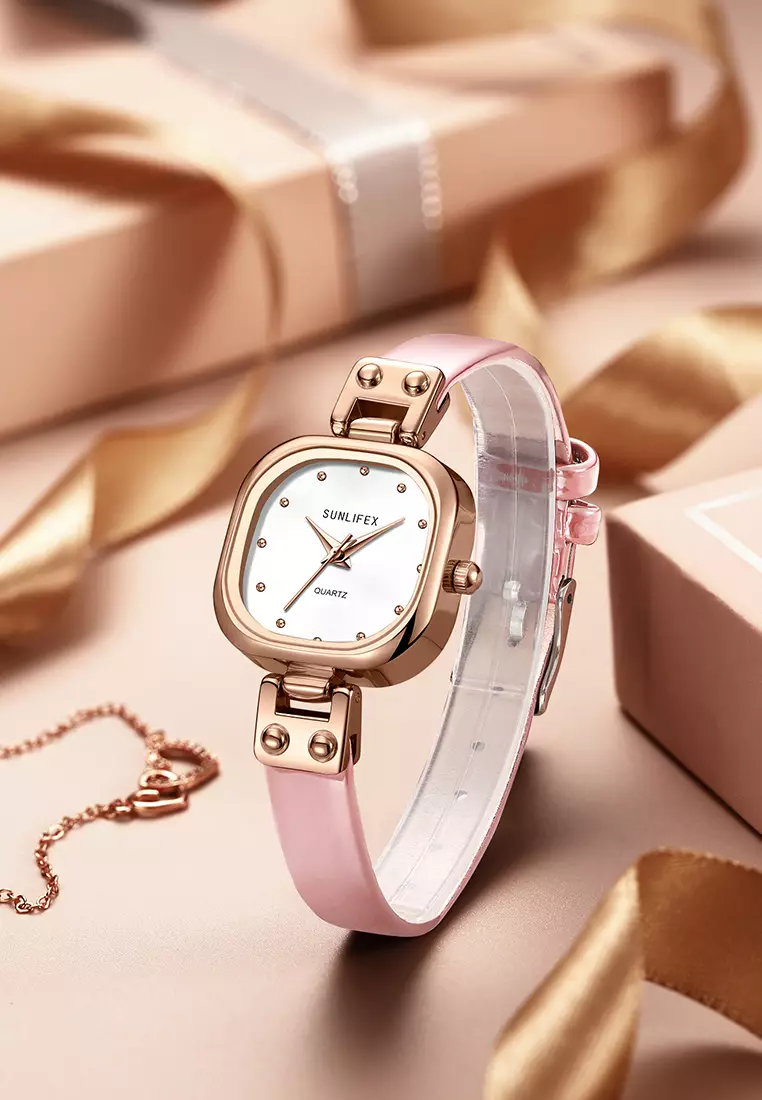 Jam Tangan Wanita Original Gaya Korea Tali Kulit Simple Anti Air Jam Tangan Cewek pink white