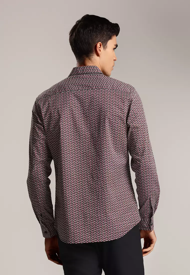 MOC - Kemeja Motif Lengan Panjang Pria Gheo - Maroon