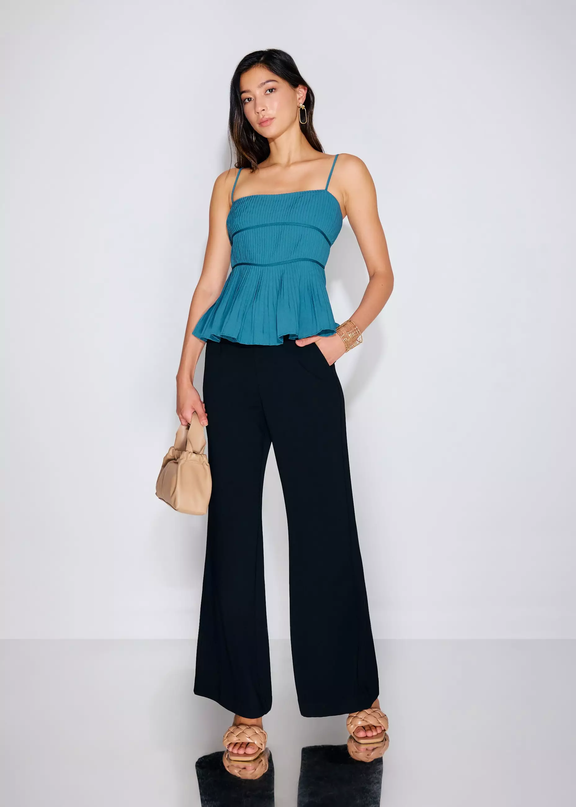 Atasan Wanita - Pleated Straight Neck Peplum Camisole Top