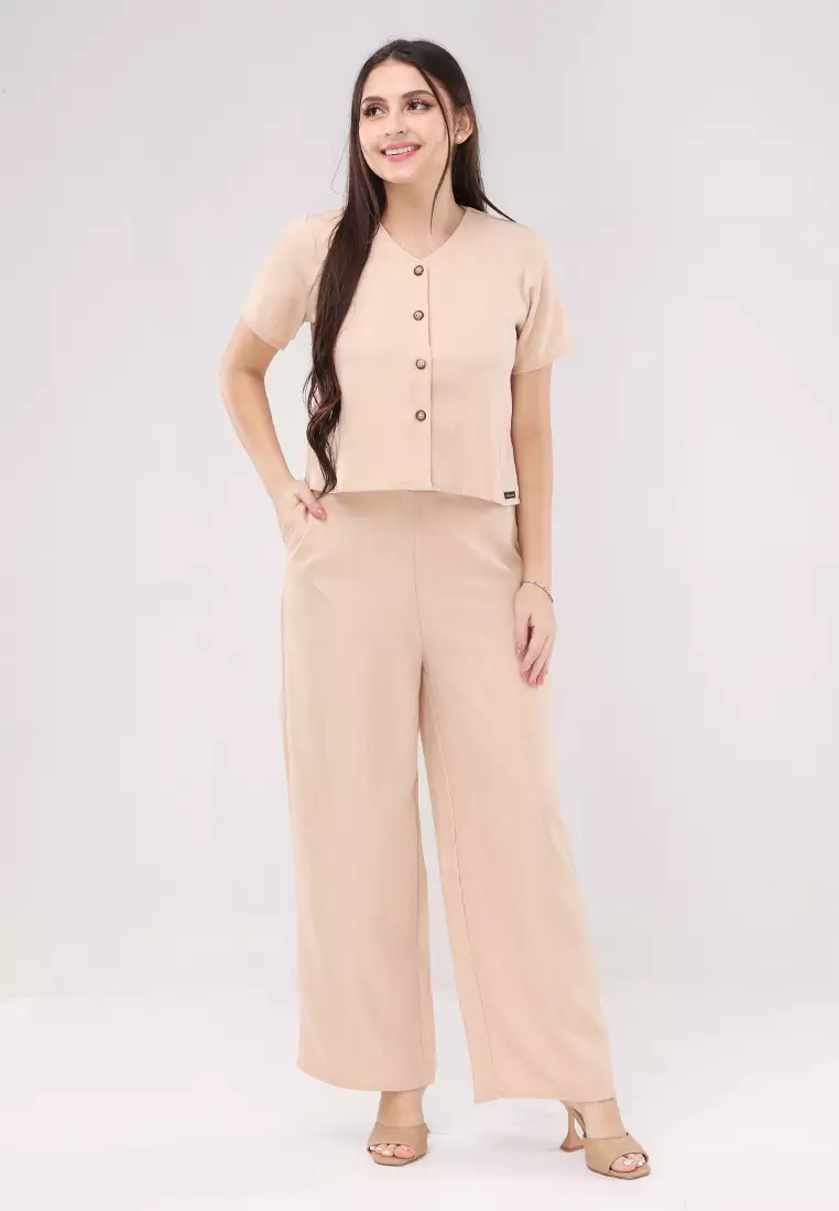 Wrinkled Linen Short Sleeves Terno Pants