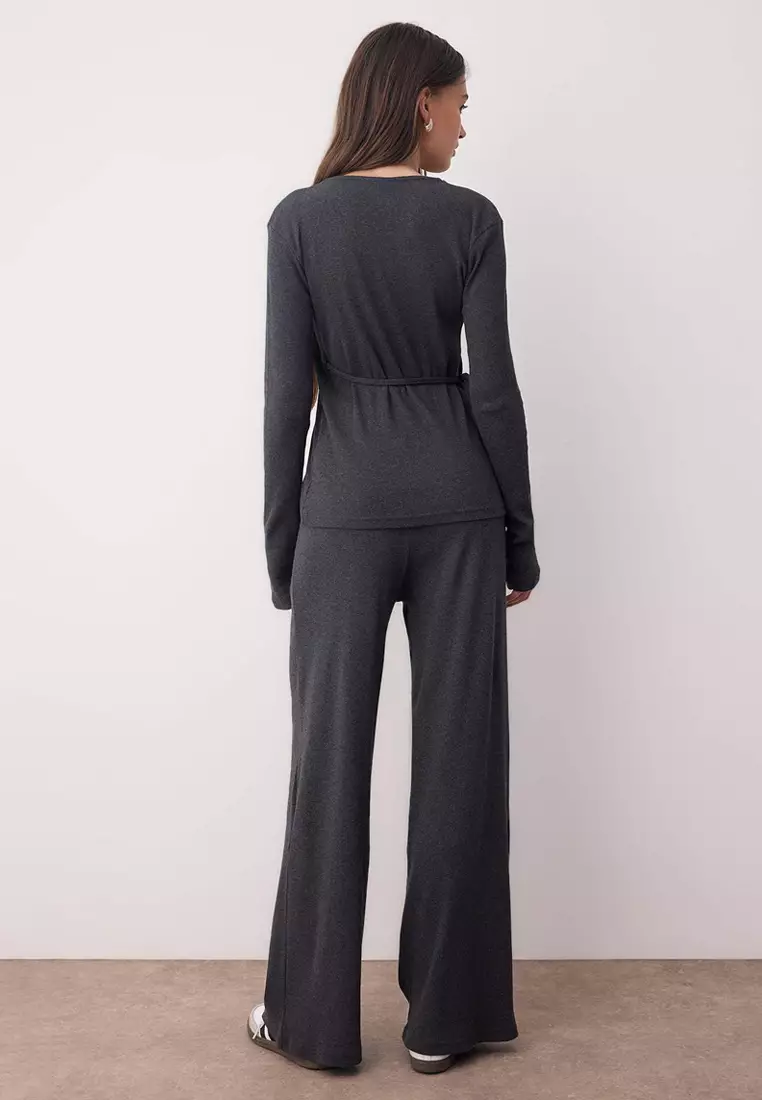 Anthracite Wrap Wideleg/Wide Leg Knitted Top-Bottom Set