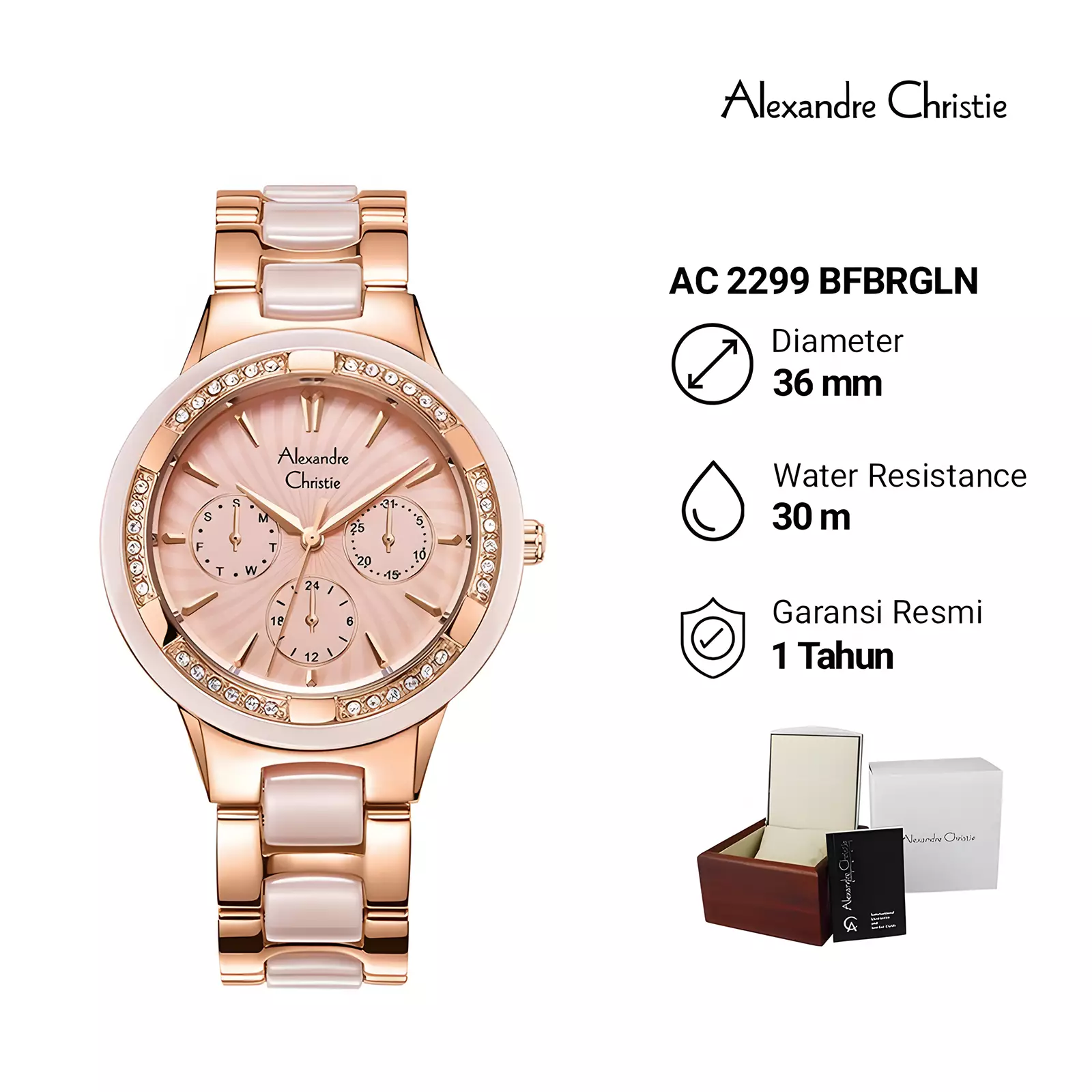 Alexandre Christie Ceramic - Jam Tangan Chronogarph Wanita - Rose Gold Peach - Stainless Steel - 2299 BFBRGLN