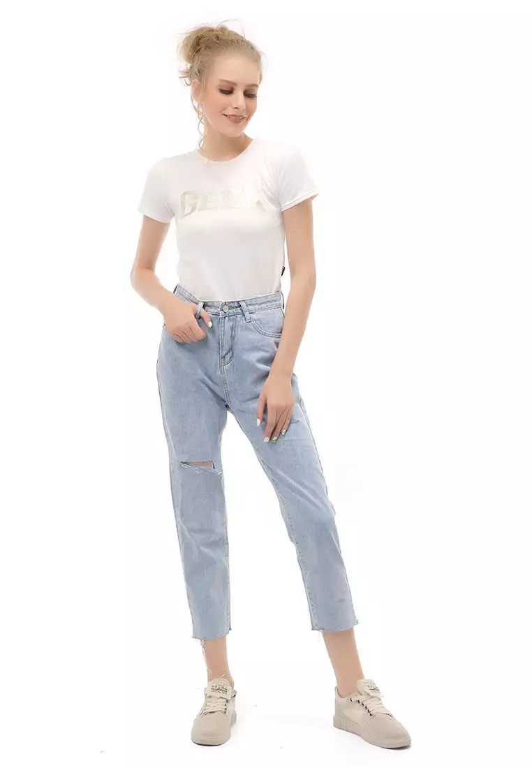 Jourel Celana Panjang Ripped Jeans Wanita Stylish Design Material Denim ORIGINAL - Light Blue