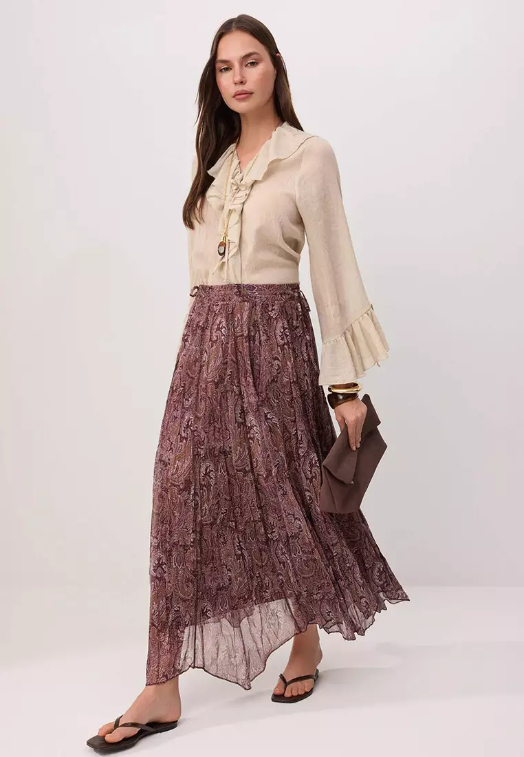 Brown Chiffon Pleated Lined Ethnic Patterned Maxi Skirt Tctss26Ee00007