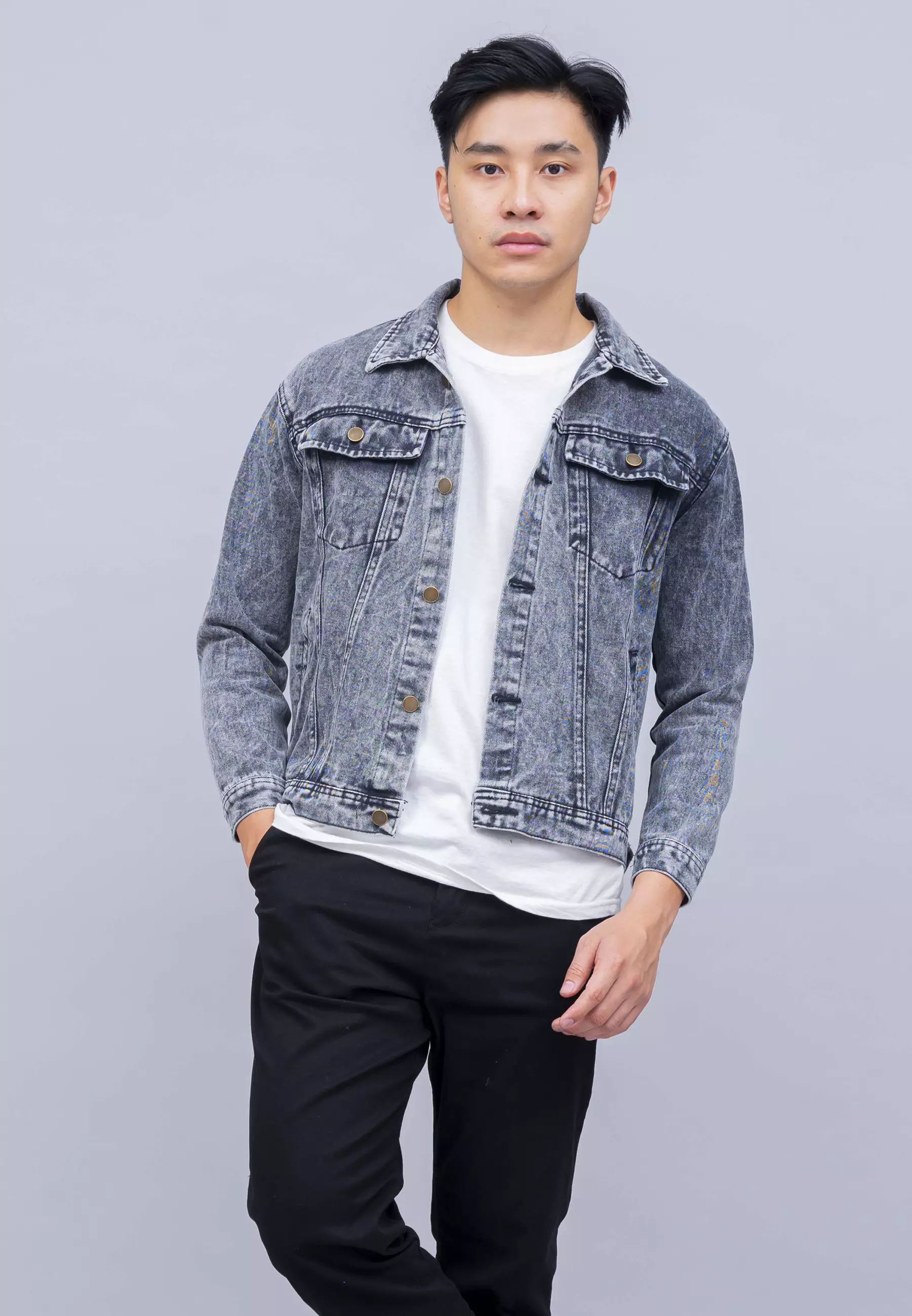 Houseofcuff Jaket Jeans Pria Polos Tebal Denim Abu Muda Pudar Unisex