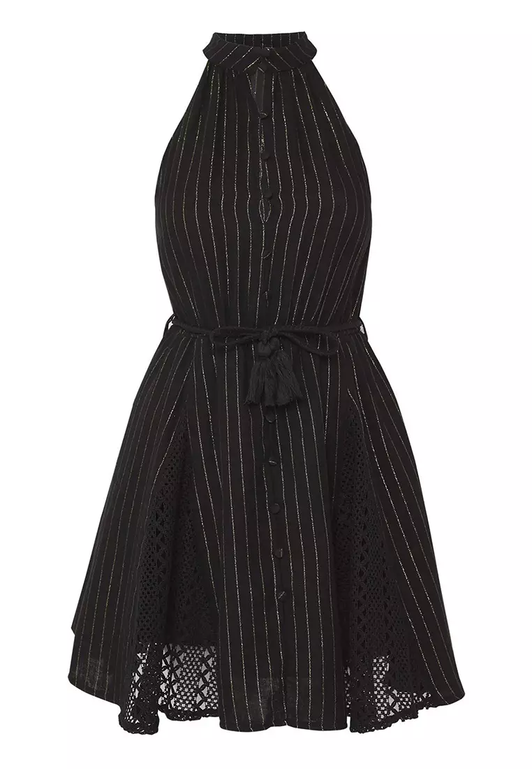 Black Glitter Muslin Woven Mini Beach Dress Tbess25El00128