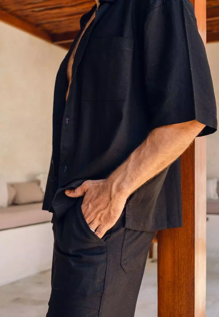 Black Boxy Set Kemeja Celana Linen Pria Hitam | Linen Set Men Black