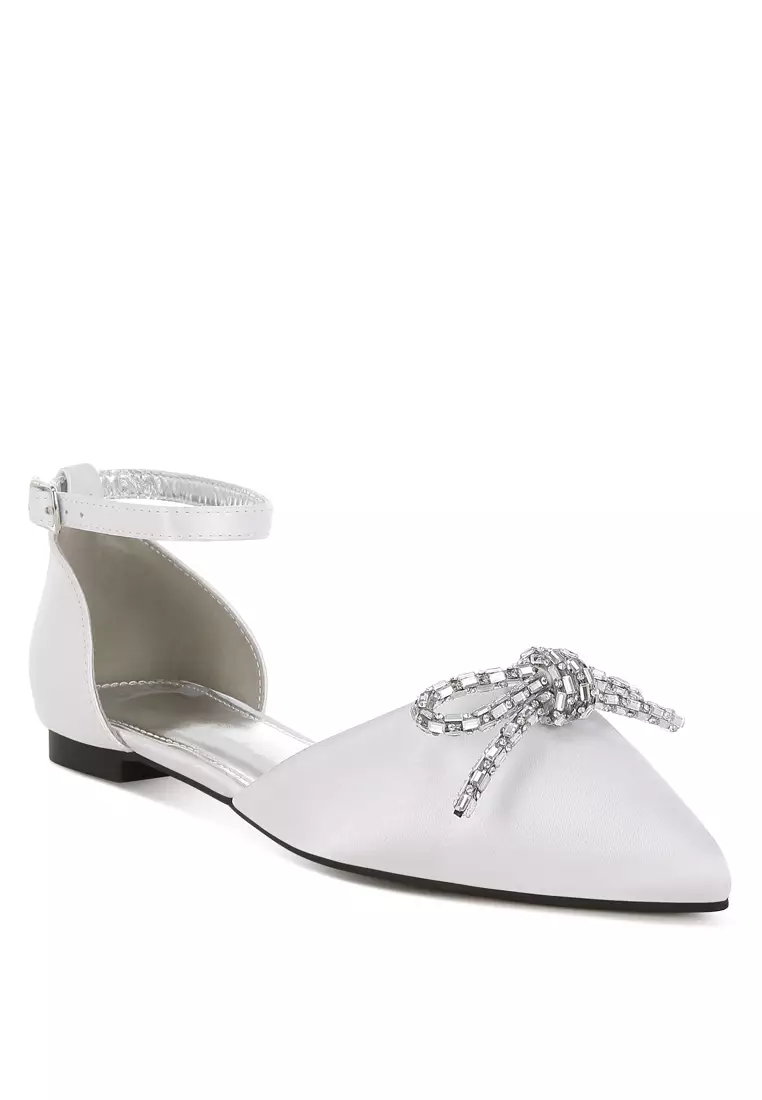 Rhinestone Detail Bow Flat Sandals in White