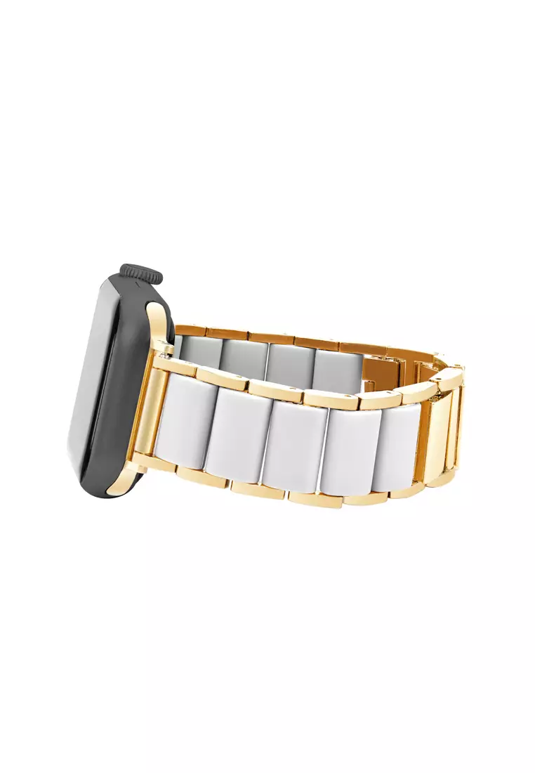 Anne Klein Wearable Band for Apple Watch 42/44/45/Ultra(49mm) in gold tone bracelet with white silicon links AKW1054GPWT420