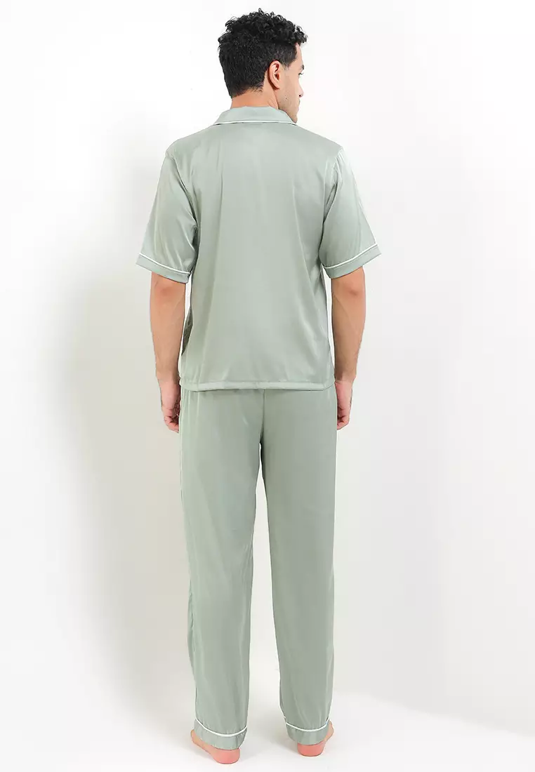 Pyjama Pijama Baju Tidur Satin Silk Short Sleeve Long Pants Mens Pria Sleepwear