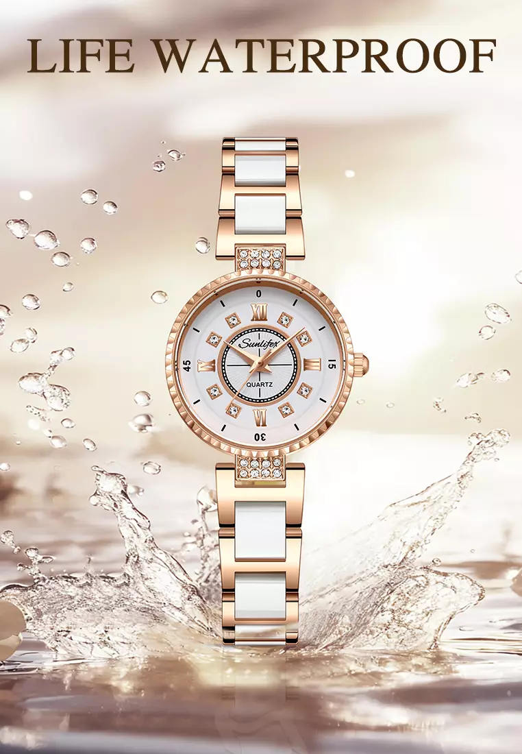 Jam Tangan Wanita Original 8013 Korea Santai Berlian Anti Air Tali keramik Jam Tangan Cewek rose white