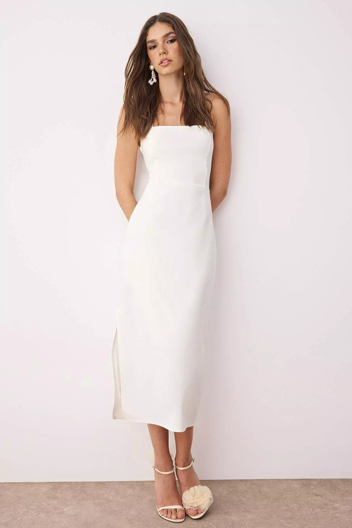 White Lined Body Fitting Midi Dress With Slit Detail