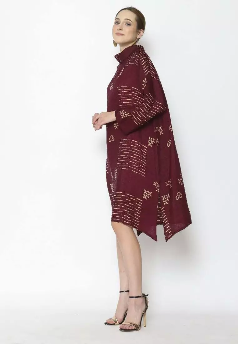 Rinjanie Batik - Tunik Batik Bola Kerah Red Wine - Dress Dua Sisi - Batik Sogan Modern Mix - Tunik Batik Modern - Tunik Batik Kekinian - Batik Cap Mix Ciprat - DTBK - RW
