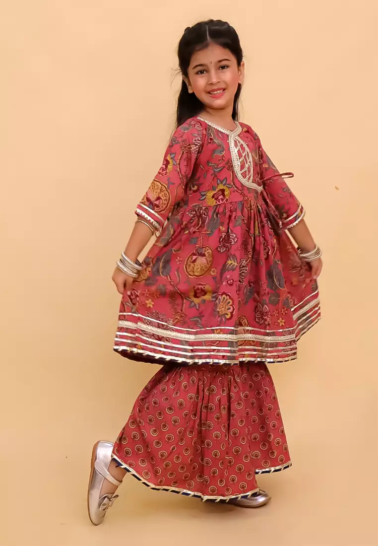 The Mom Store Aangan Aabha Block Print Girls Anarkali Sharara Set - Multi