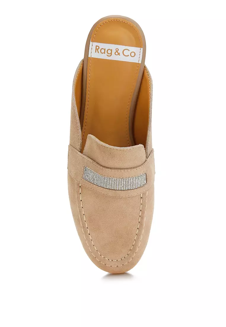 Rhinestone Strap Suede Mules in Sand