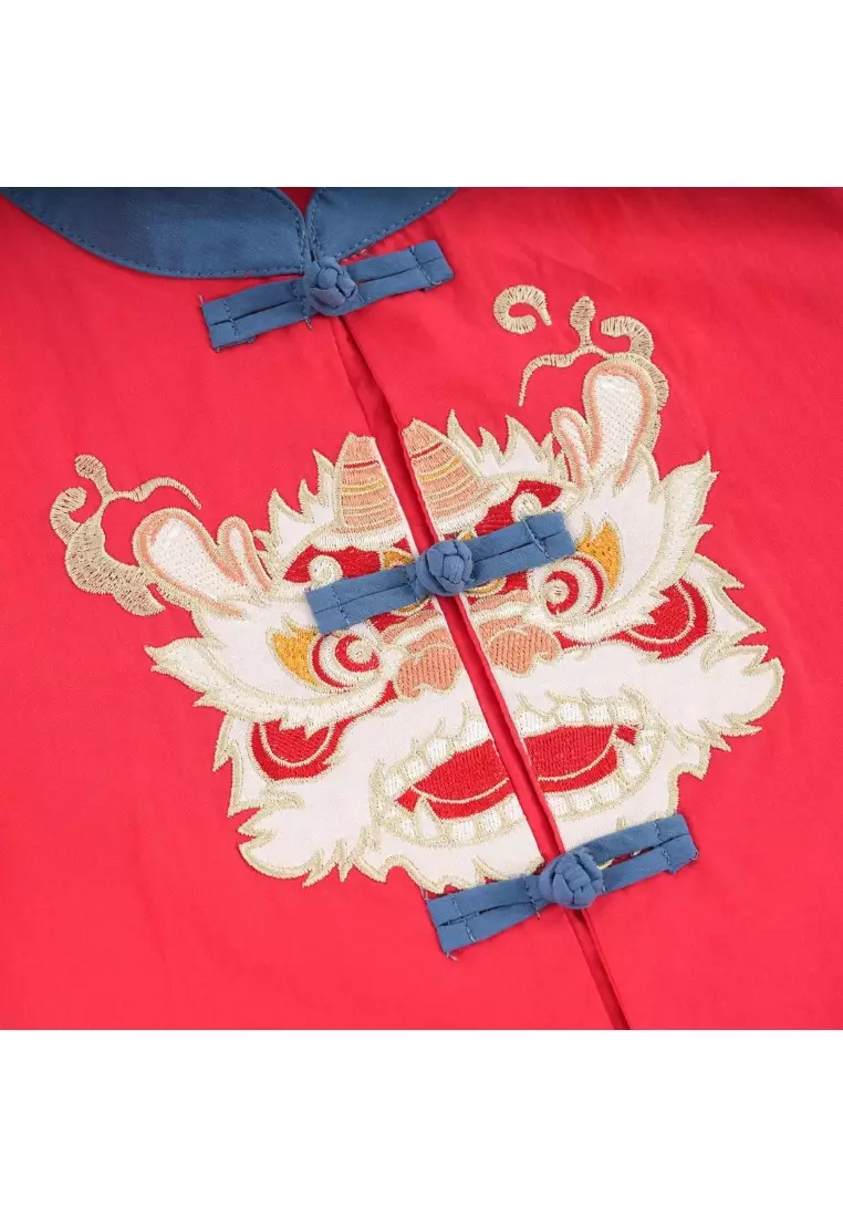 舞獅嬰兒裝兒童男童唐裝漢服套装紅色上衣與藍色短褲拜年服0838