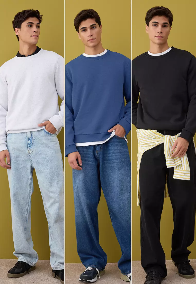 Black-Navy-Grey Melange 3 Pack Regular/Regular Cut Basic Fleece Inside Sweatshirt Tmnaw26Sw00006